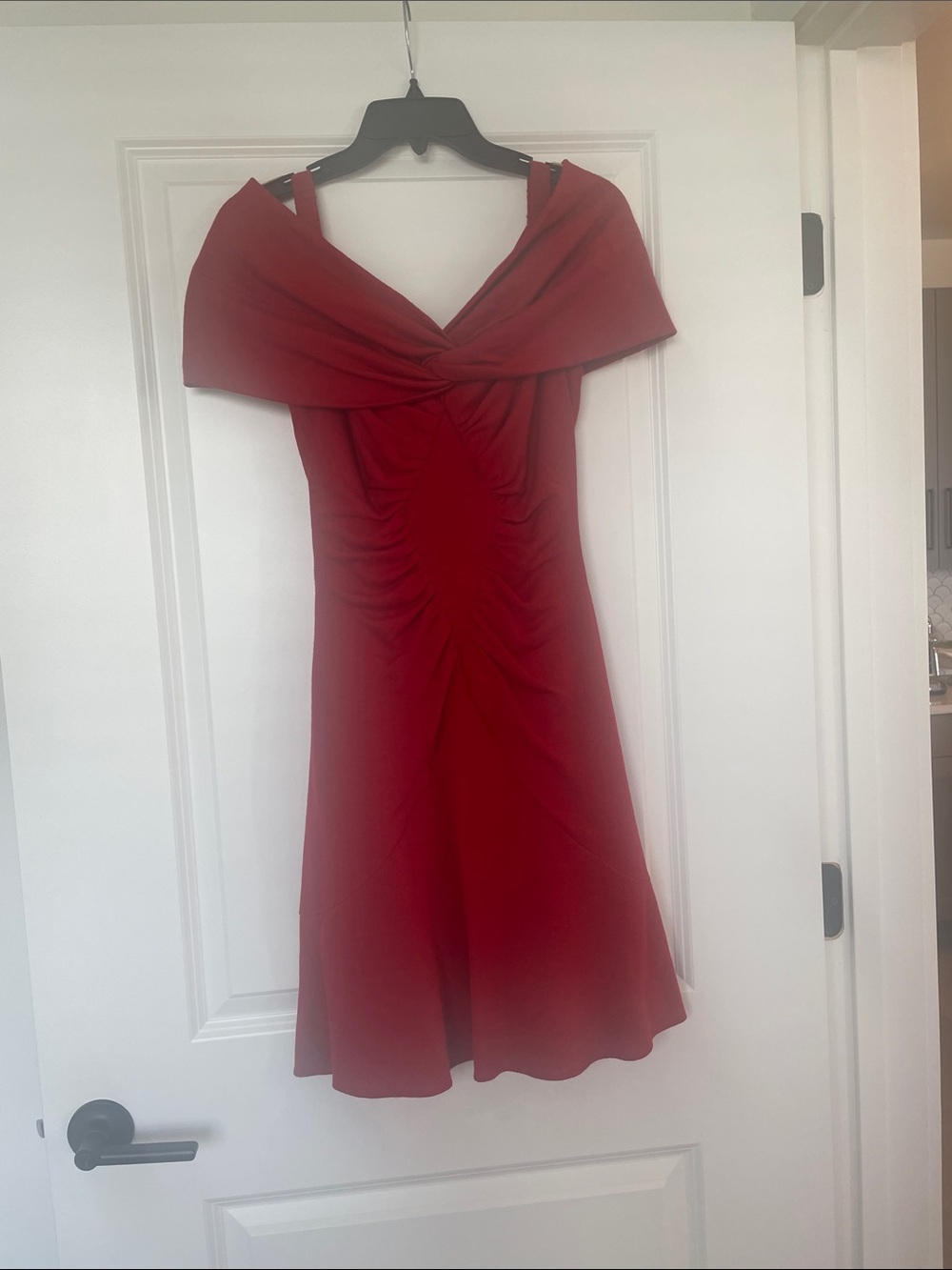 Off-Shoulder Red Midi Dress with Ruched Detail